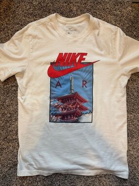 Nike White Tee with Red and Blue Pagoda Graphic